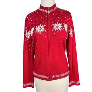 Charter Club Petite Medium Red White Snowflake Beaded Embroidered Full Zip Knit
